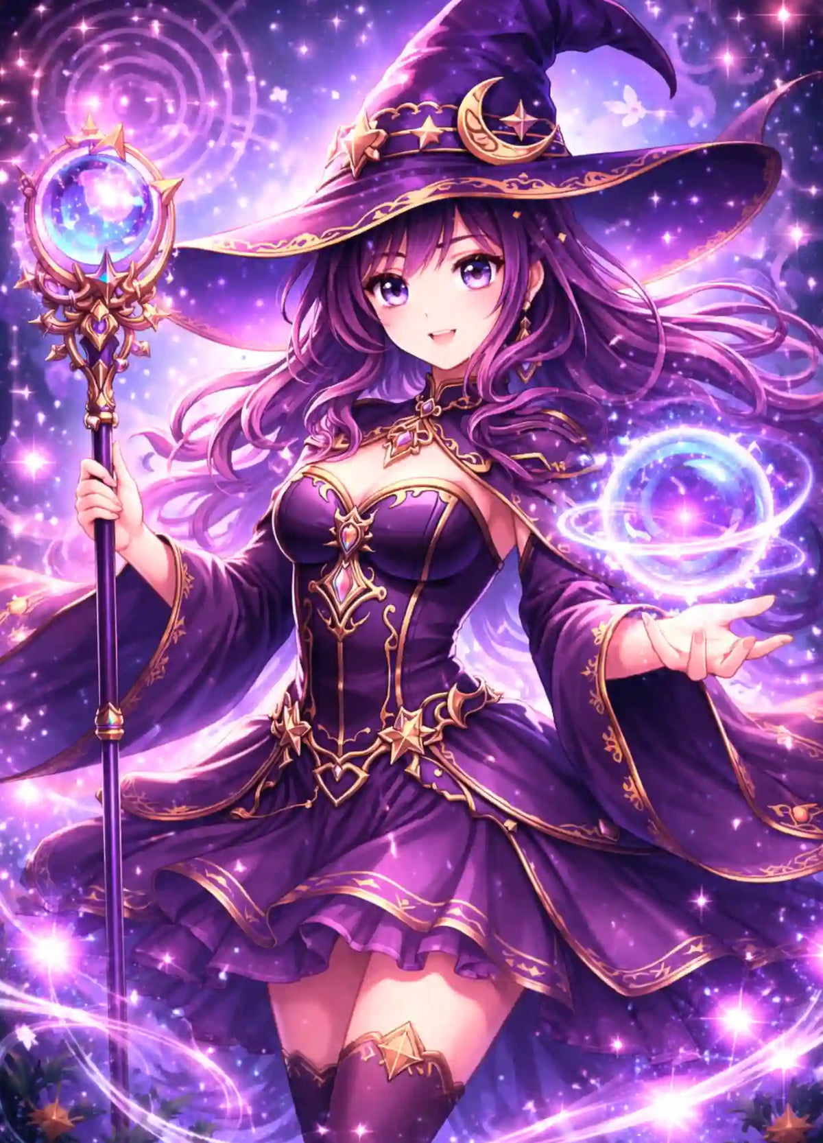 Diamond Painting Set Celestara: Anime-Magierin mit lilafarbenem Haar, Zauberstab und Energiekugel in einer Galaxie-Szene.