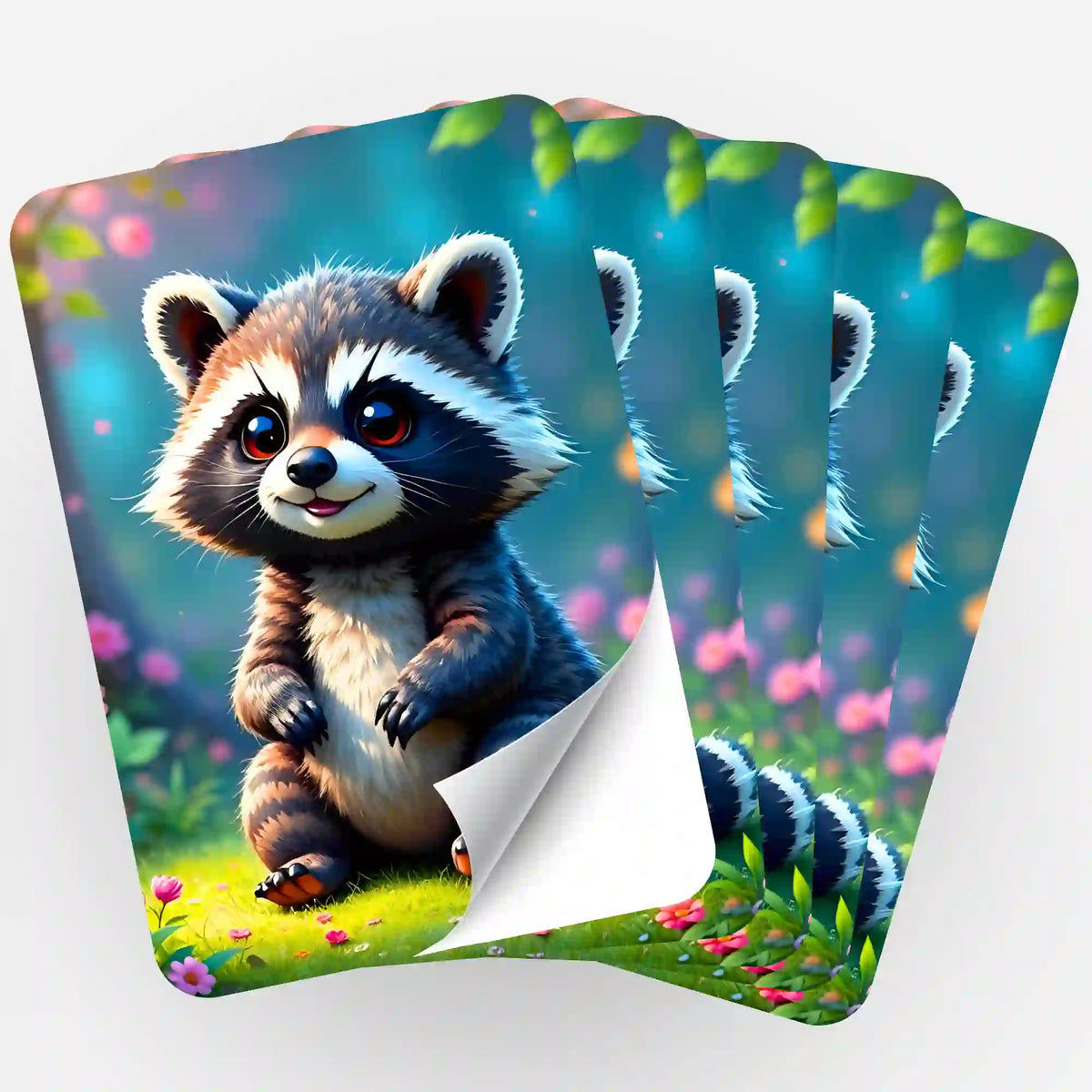 Fächer von 5 Picmondoo Aufklebern mit niedlichem Waschbär Brownie Motiv zur Organisation von Diamond Painting Zubehör