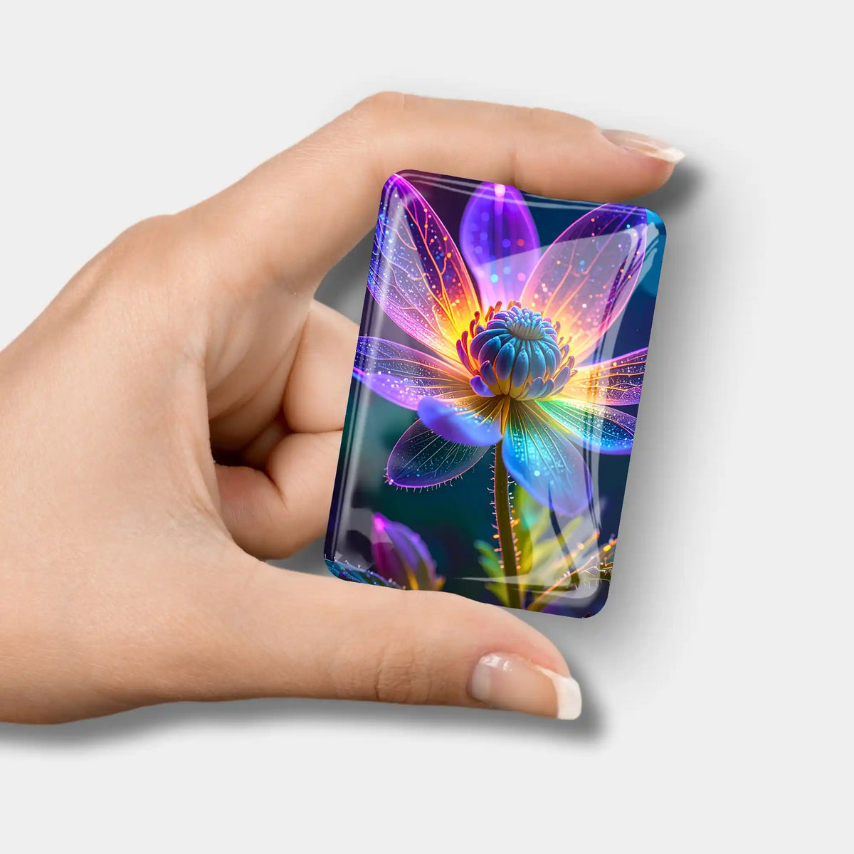 Magischer Glas-Cover Minder mit neonfarbenem Blumen-Motiv als praktisches Zubehör für dein Diamond Painting Set.