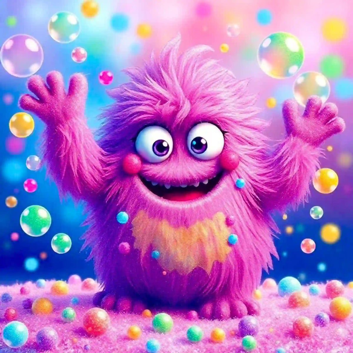 Diamond Painting Set Eckbert: Buntes, flauschiges Kawaii-Monster mit Seifenblasen im verspielten Comic-Stil.