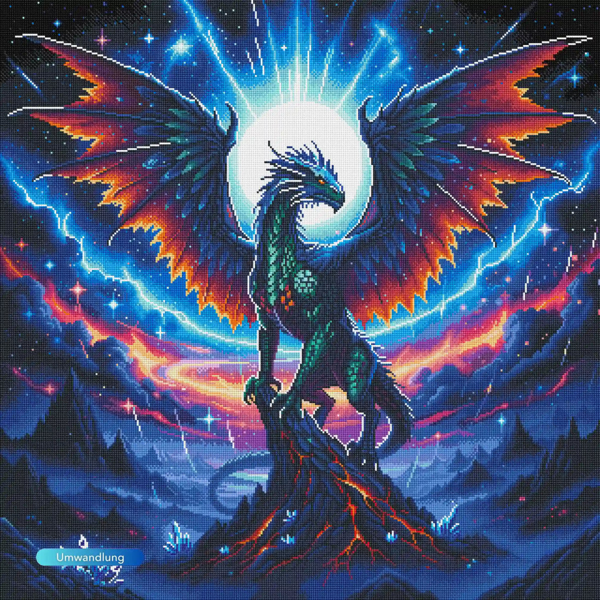 Diamond Painting Set Aetherion: Majestätischer Fantasy-Drache vor leuchtendem Kosmos mit funkelnden Steinen