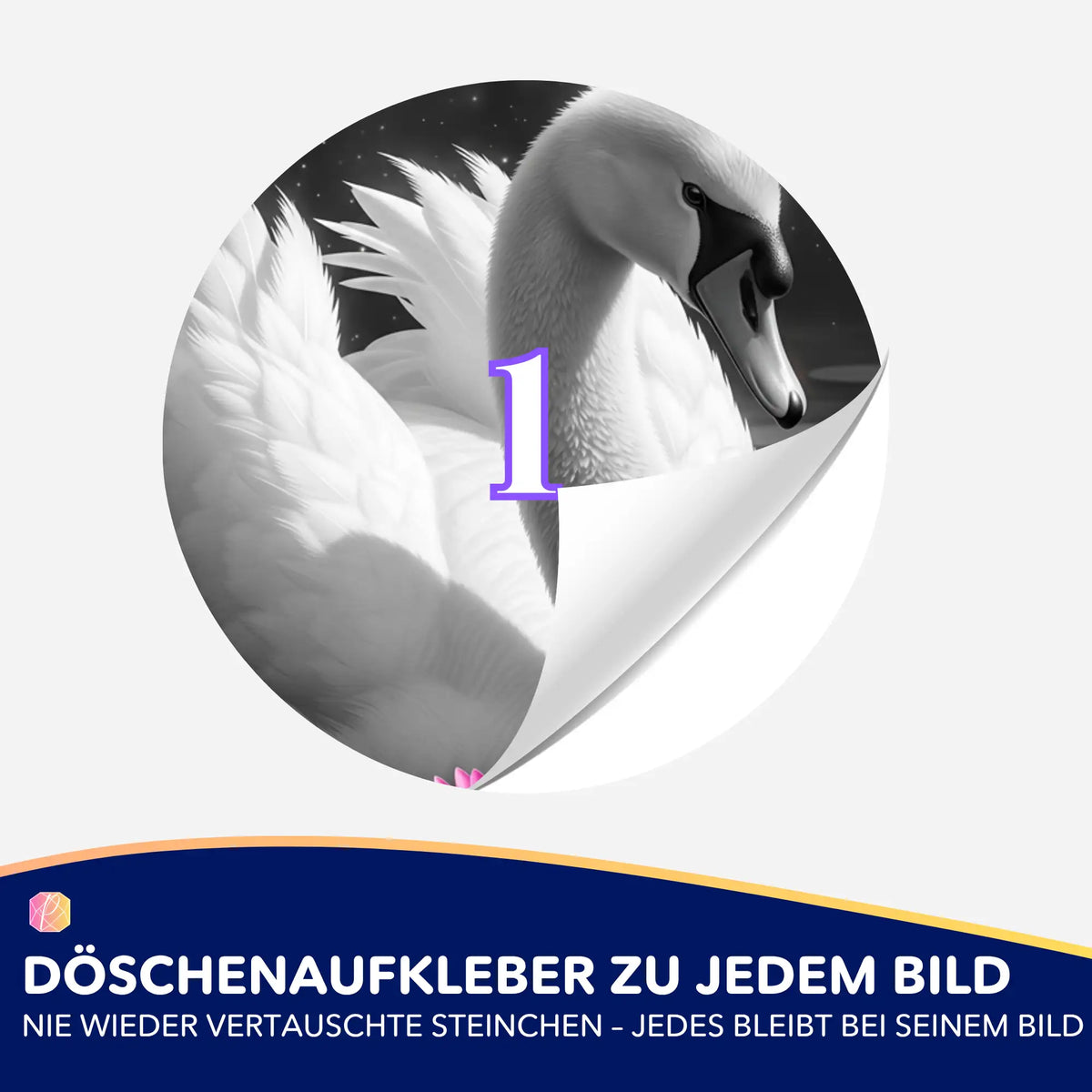 Runder Döschenaufkleber mit Schwan-Motiv zum Sortieren von Glitzersteinen für dein nächstes Diamond Painting Projekt.