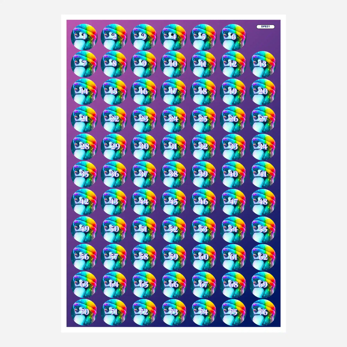 Bunte Pinguin-Döschenaufkleber für Diamond Painting zur übersichtlichen Sortierung der Diamanten nach Zahlen von 1 bis 76.