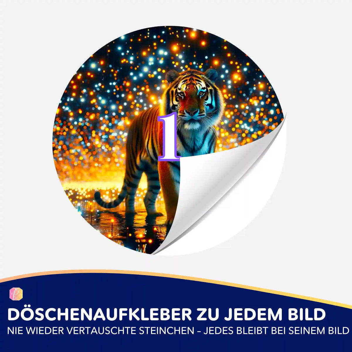 Bunter Sticker Sternenwächter mit Tiger-Motiv für Diamond Painting Döschen zur einfachen Organisation der Steinchen.