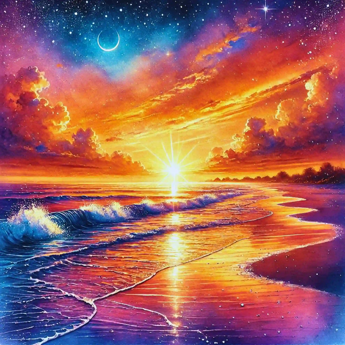 Diamond Painting Set mit buntem Sonnenuntergang am Strand, Sternenhimmel und glitzernden Wellen 50x50cm