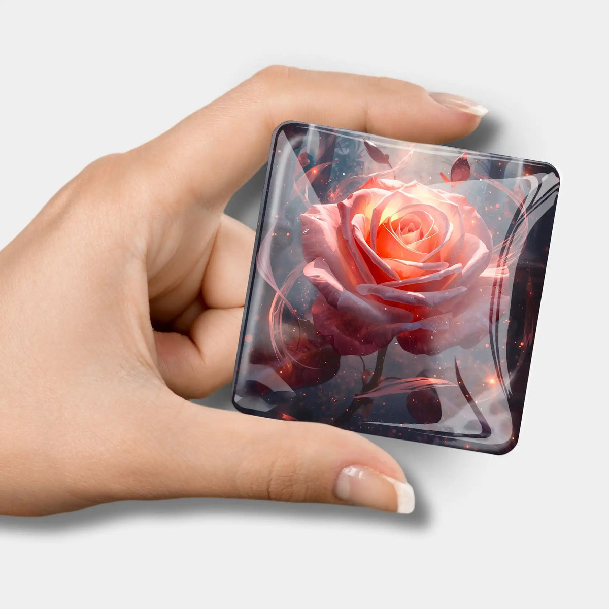 Herzflamme Cover Minder aus Glas als praktisches Zubehör für Diamond Painting Projekte mit leuchtendem Rosenmotiv