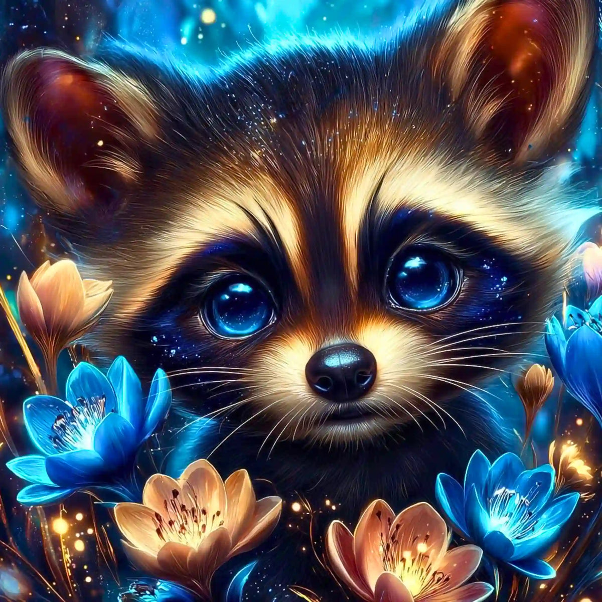 Diamond Painting Set eines niedlichen Waschbären mit leuchtenden blauen Augen in einem magischen Blumenwald