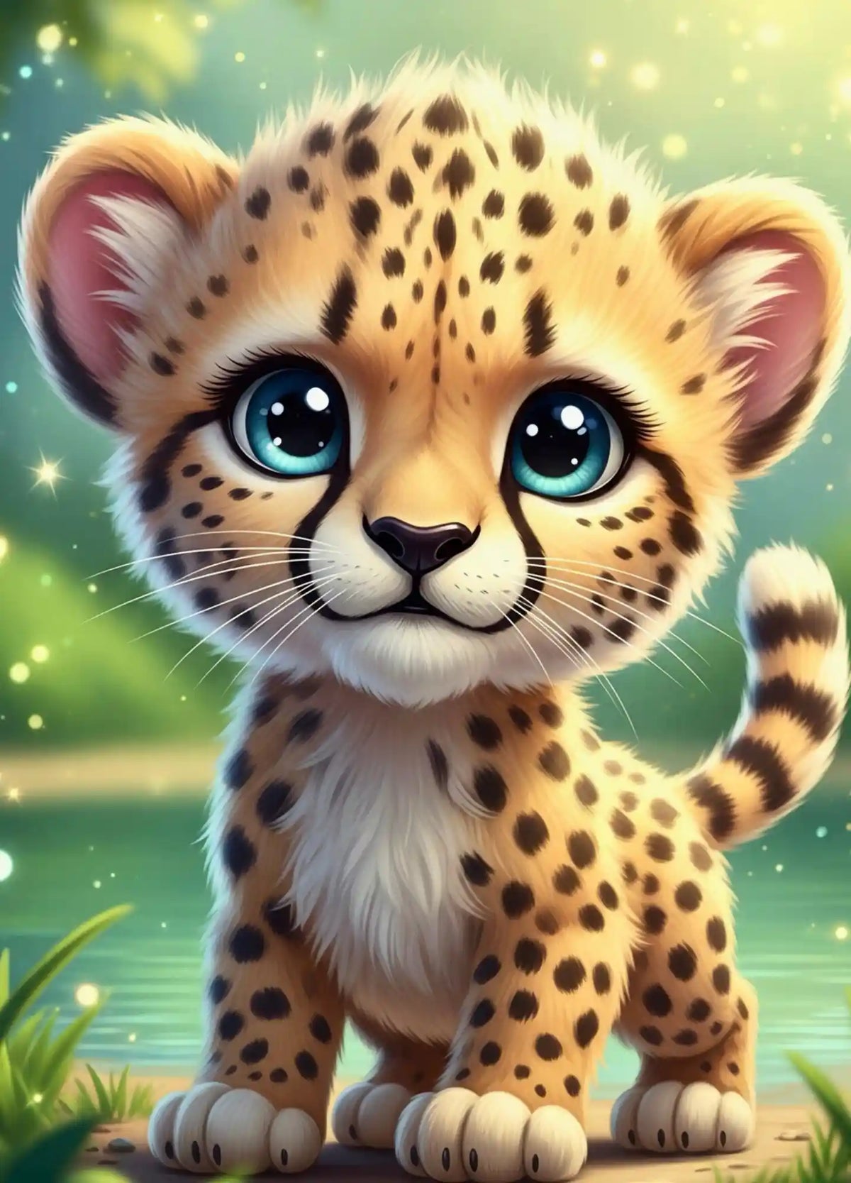 Diamond Painting Set Kibo: Süßes Leopardjunges mit großen blauen Augen und flauschigem Fell als detailreiches Tiermotiv.