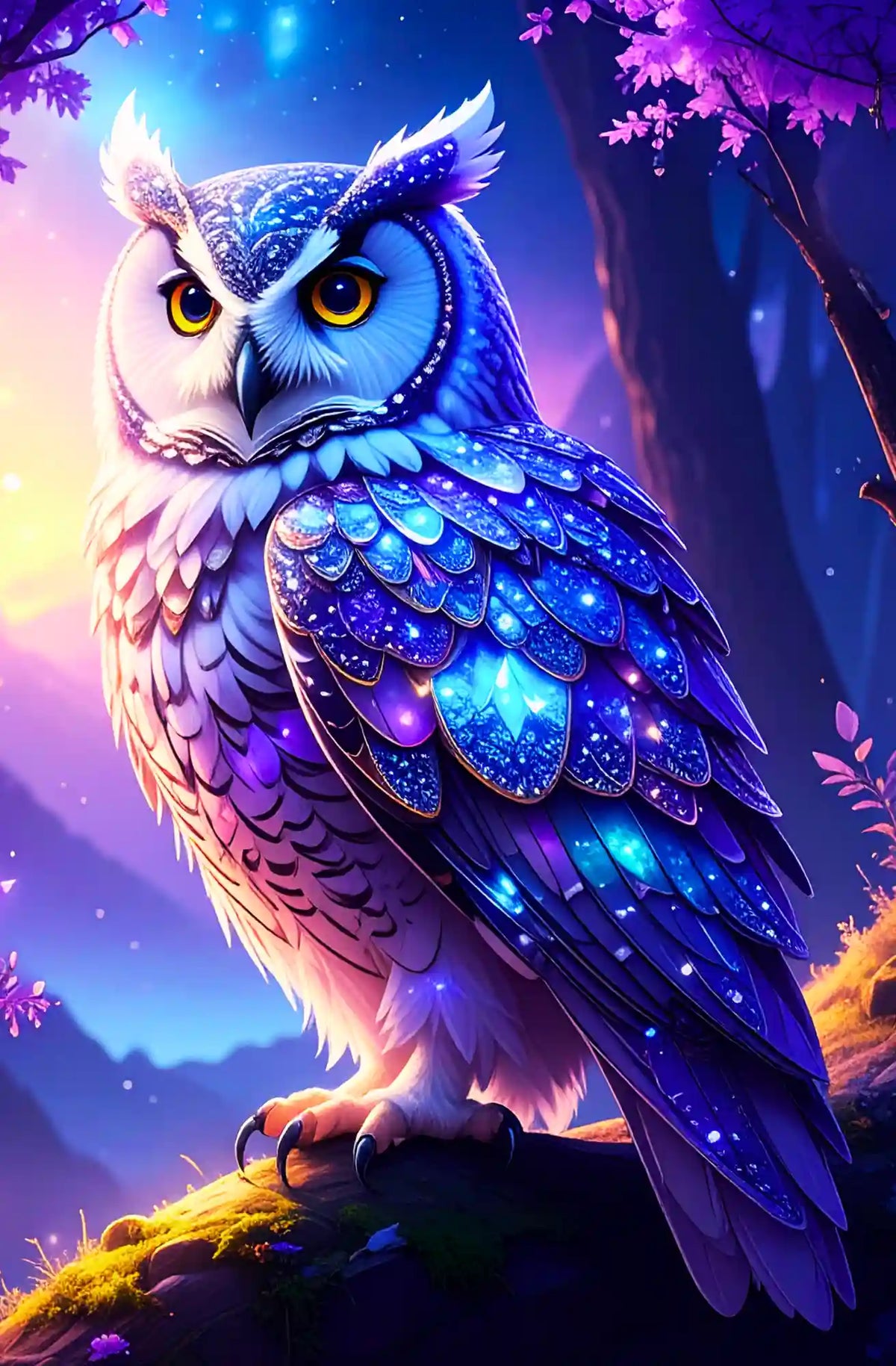 Diamond Painting Set Hüterin der Dämmerung: Magische blaue Eule mit leuchtenden Augen im Märchenwald bei Nacht.