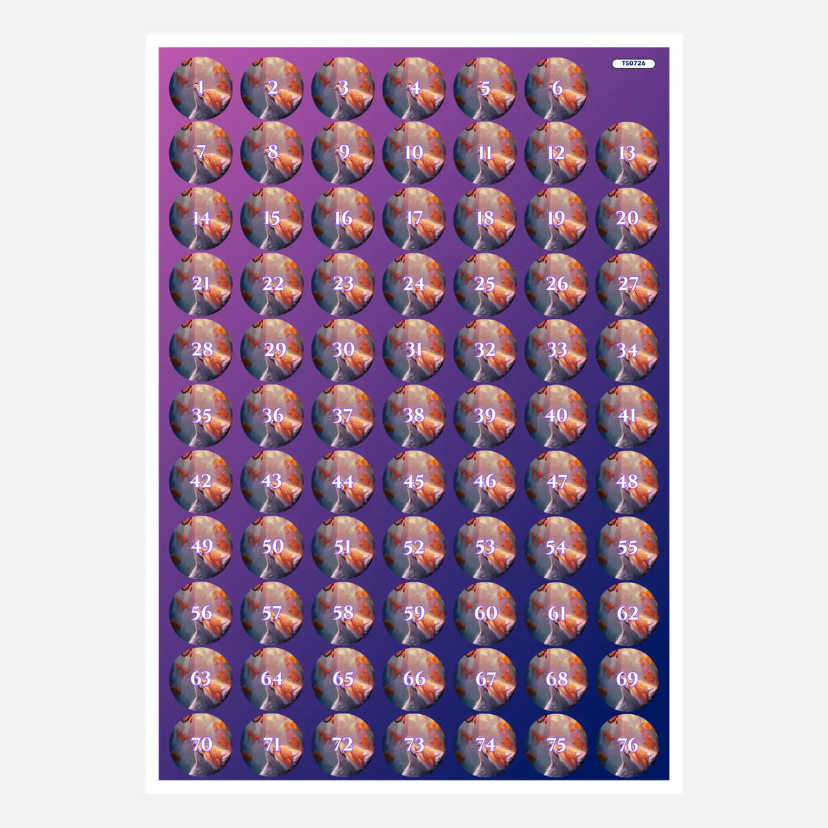 Döschenaufkleber mit Fuchs-Motiv für Diamond Painting Set, 76 nummerierte Sticker zur organisierten Steinsortierung.