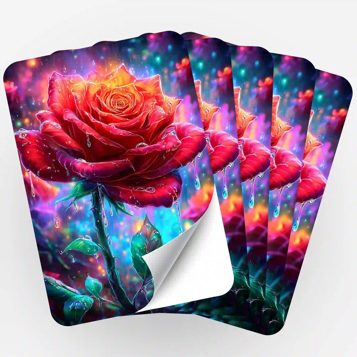 Fünf Picmondoo Aufkleber mit Regentanz Rosen Motiv zur Organisation von Diamond Painting und Bastelsets