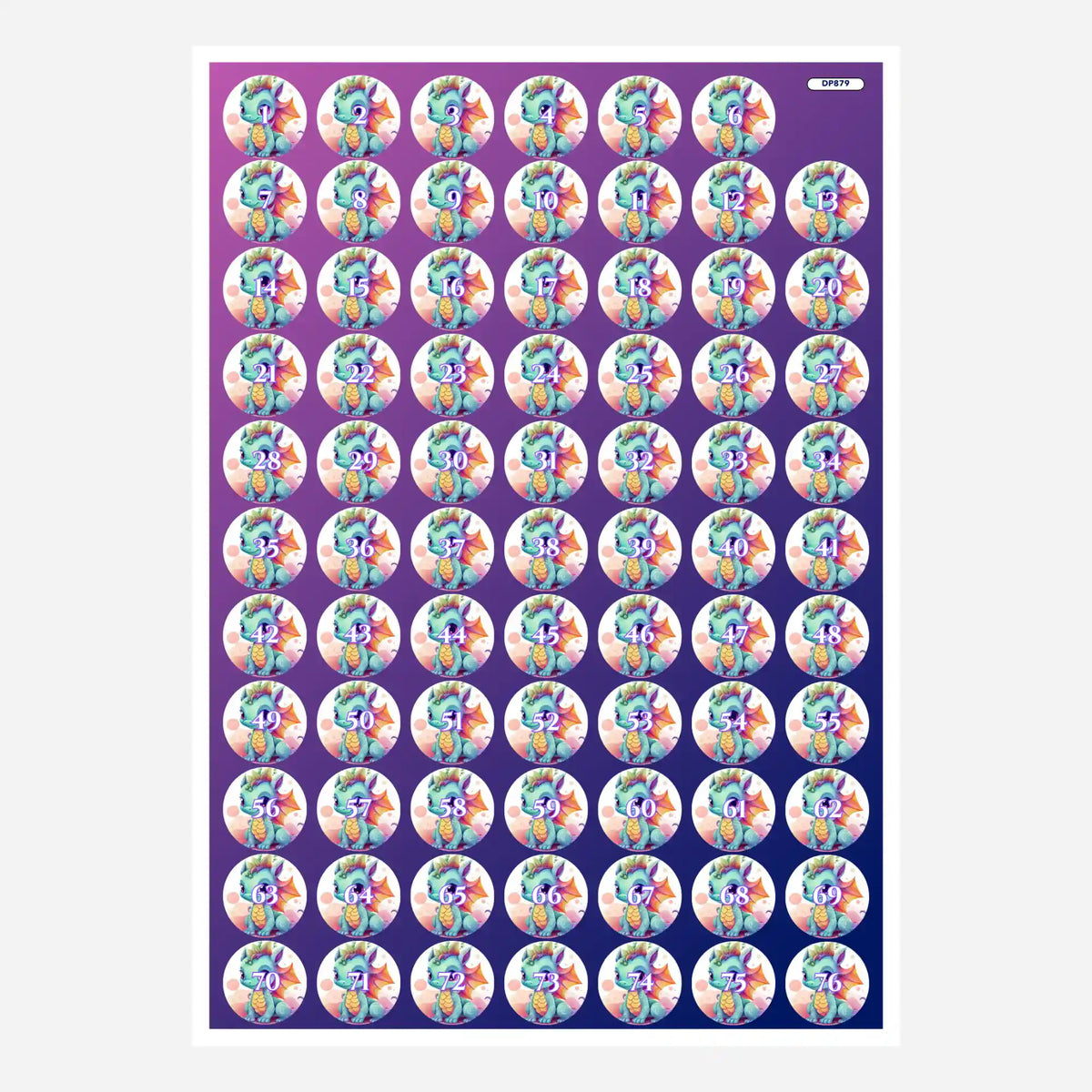 Bogen mit runden Sticker-Etiketten für Diamond Painting Döschen mit niedlichem Drachen-Motiv und Zahlen von 1 bis 76.