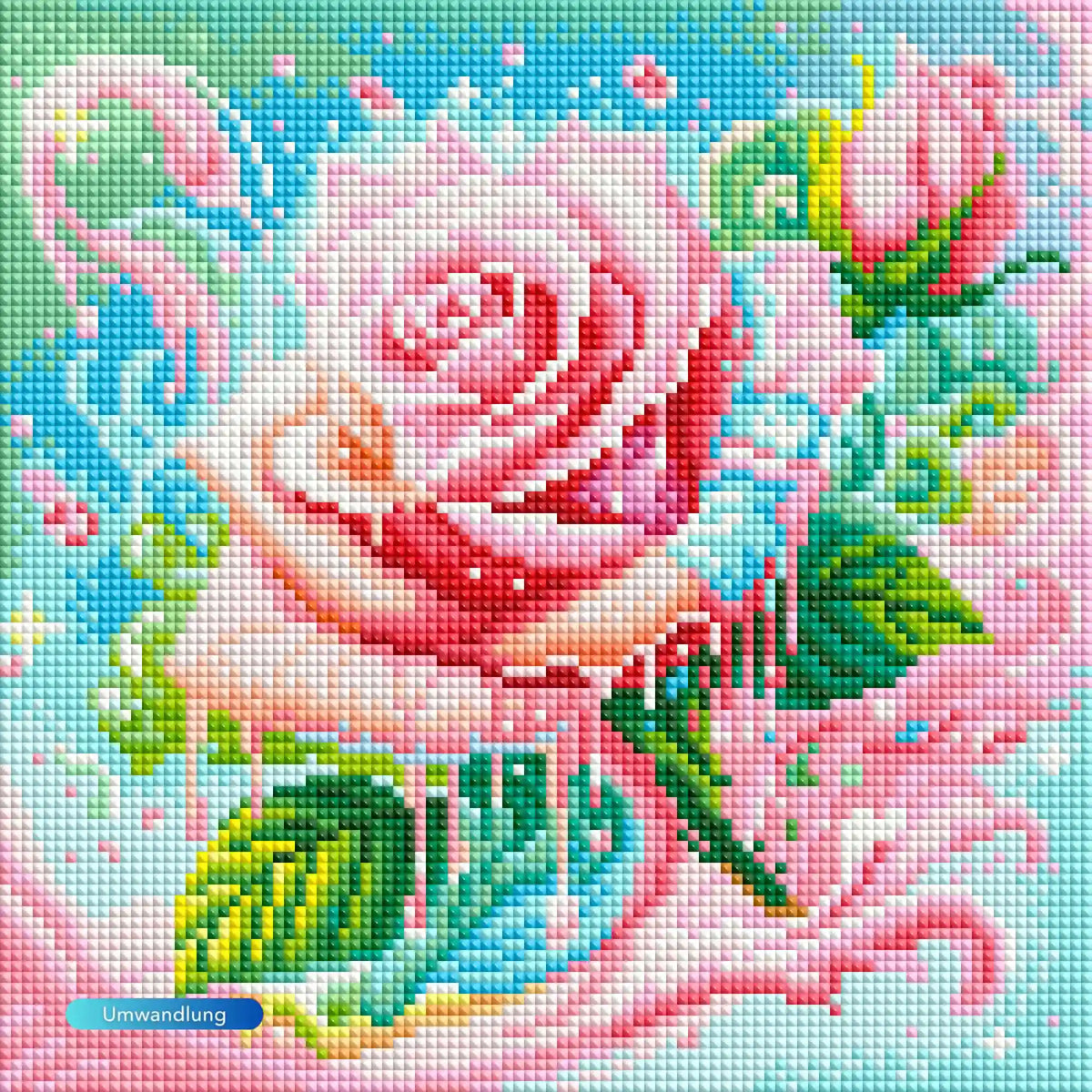 Diamond Painting Set Candy Rose mit rosa blühender Rose, grünen Blättern und pastellfarbenen Details auf quadratischer Leinwand