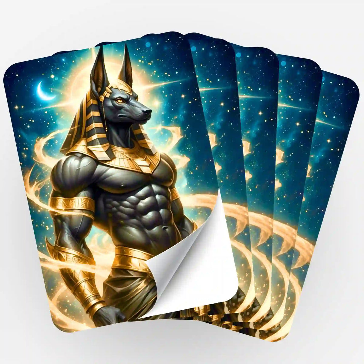Anubis Sticker 5er-Set für Diamond Painting Zubehör – ägyptisches Motiv mit goldenen Details vor blauem Sternenhimmel