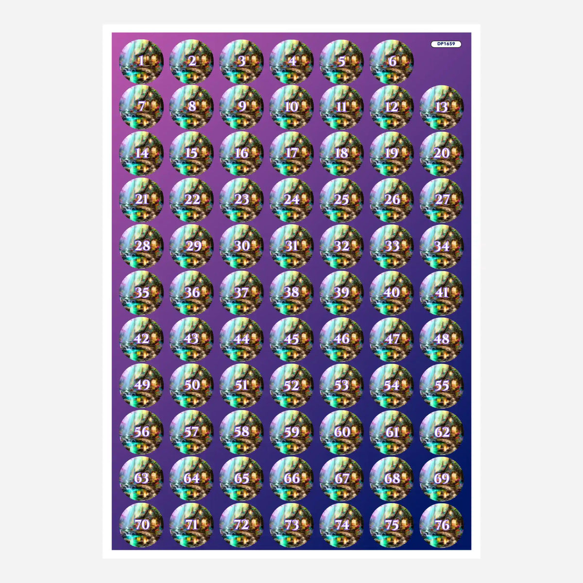 Bogen mit runden Döschenaufklebern für Diamond Painting zur übersichtlichen Sortierung der Steine im Motiv Heimkehr