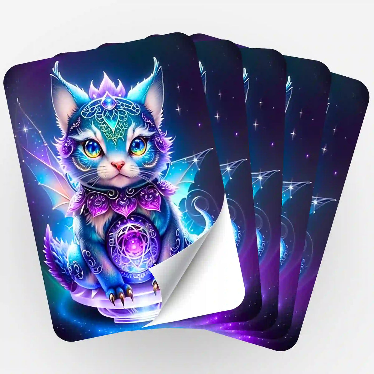 Fünfer-Set Mystical Kitty Sticker für Diamond Painting Fans, farbenfrohes Katzen-Motiv mit magischer Ausstrahlung