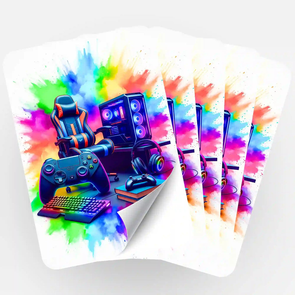 5er-Set Gaming Zone Aufkleber für Diamond Painting Organisation mit Gaming-Setup Motiv in bunten Watercolor-Farben