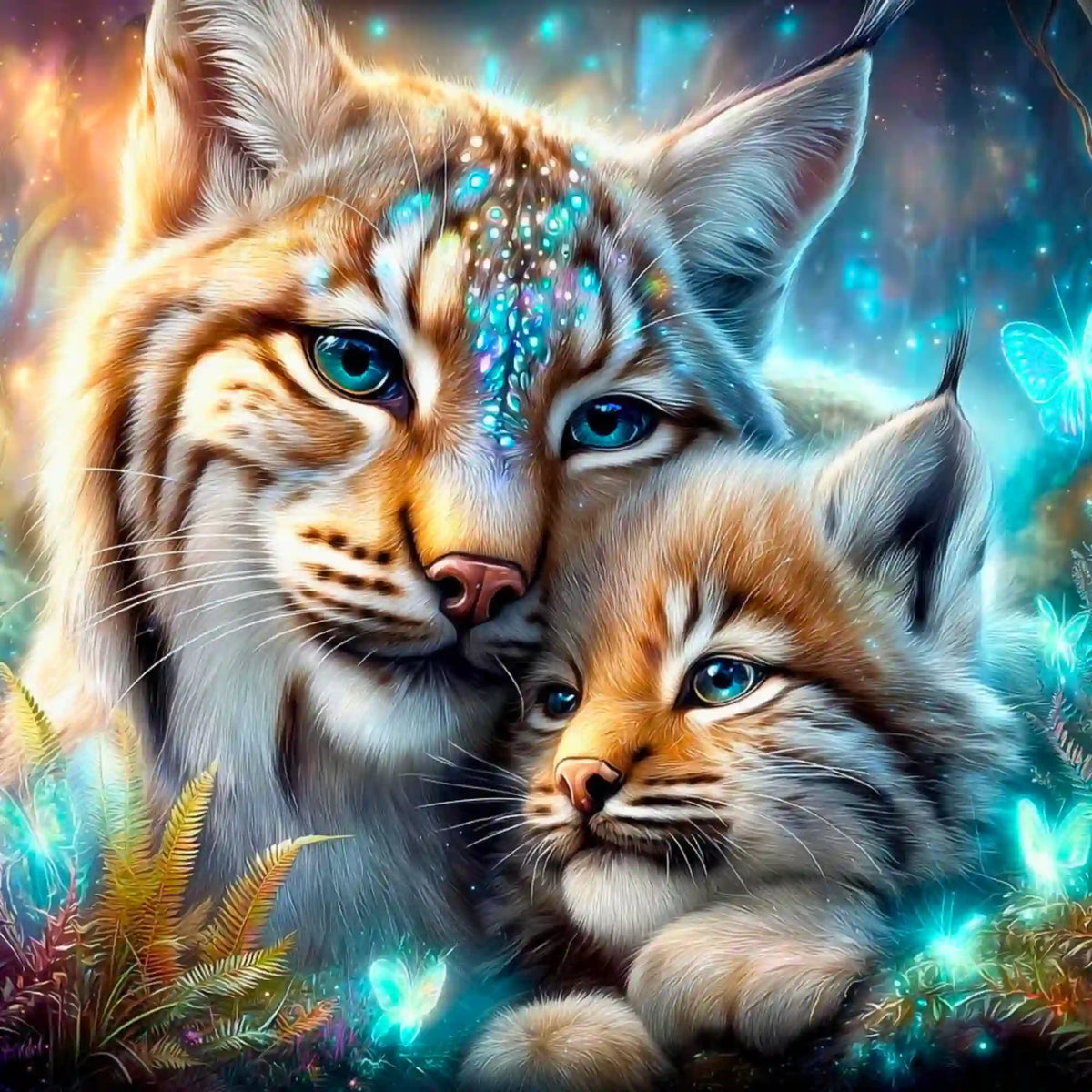 Diamond Painting Set mit Luchs-Mutter und Jungtier im Zauberwald mit leuchtenden Schmetterlingen und Glitzer-Fell