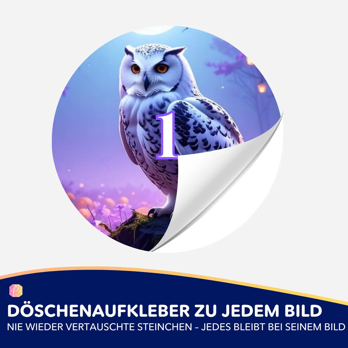 Runder Döschenaufkleber mit Eulen-Motiv für die einfache Sortierung von Steinchen in Diamond Painting Sets