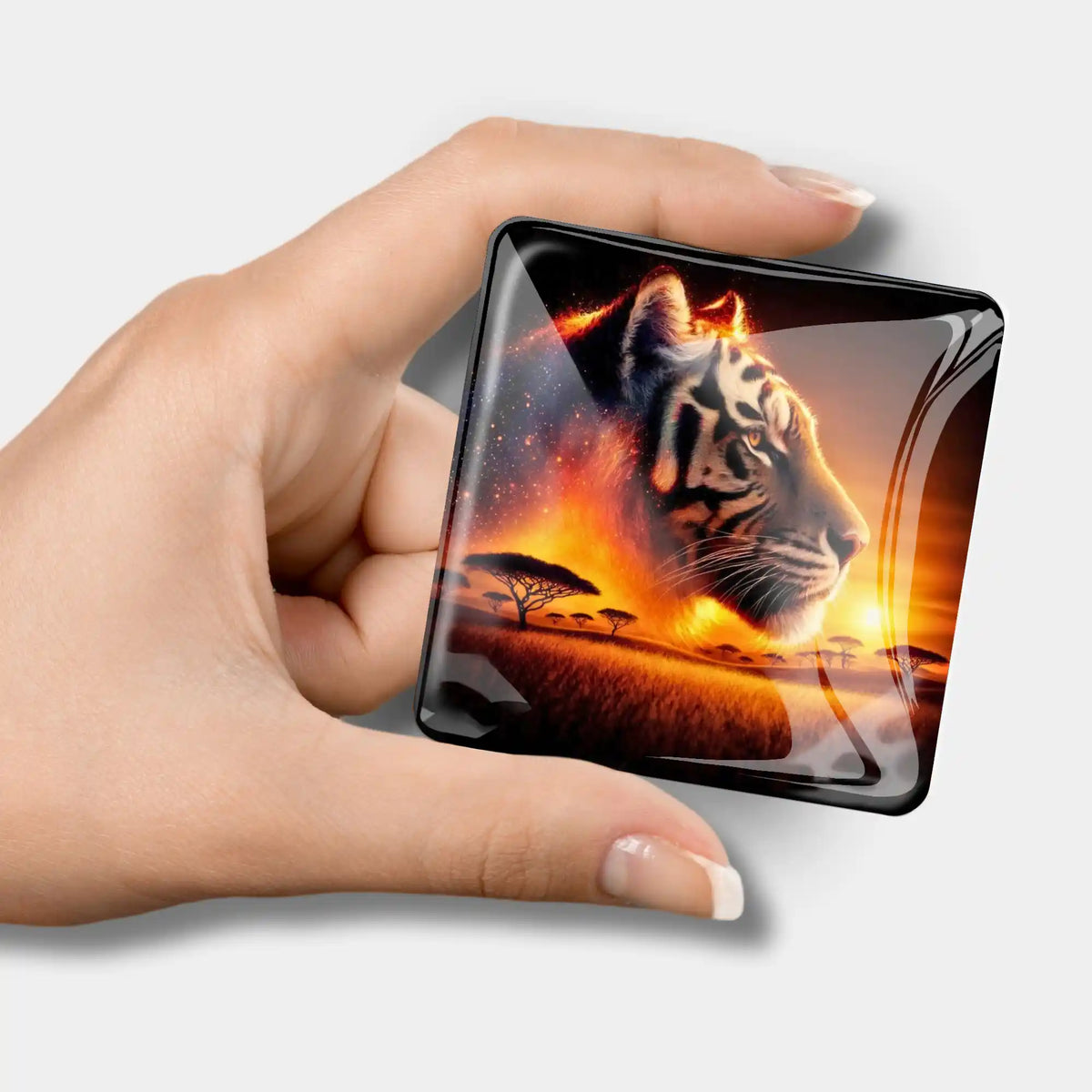 Quadratischer Feuerherz Cover Minder aus Glas als praktisches Zubehör für dein Diamond Painting mit Tiger-Motiv.