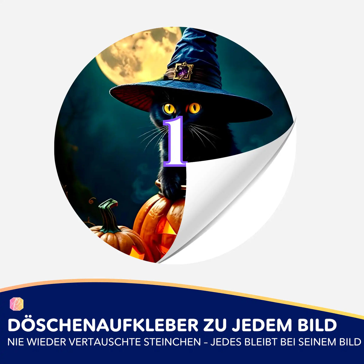 Runder Diamond Painting Döschenaufkleber mit Halloween Wizard Cat Motiv zur Organisation von Diamanten Steinchen.