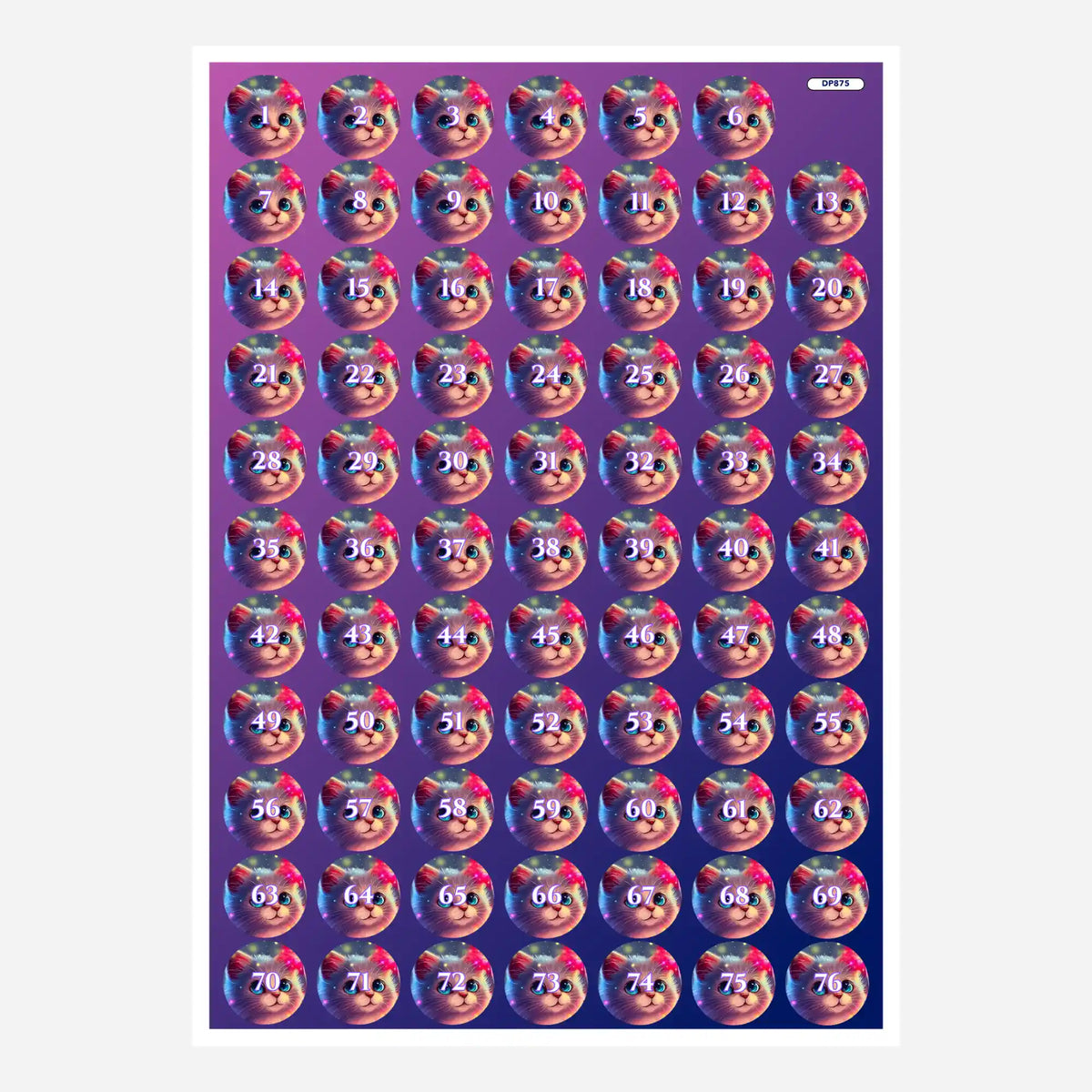 Döschenaufkleber Zauberkätzchen für Diamond Painting mit nummerierten Kätzchen-Motiven zum Sortieren der Steinchen.