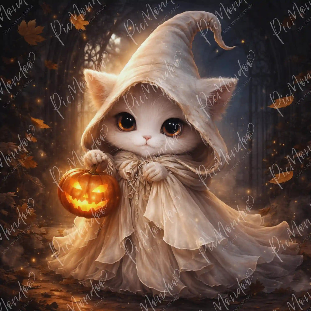 Diamond Painting Halloween: Süße weiße Katze im Geister-Umhang mit leuchtendem Kürbis im Zauberwald