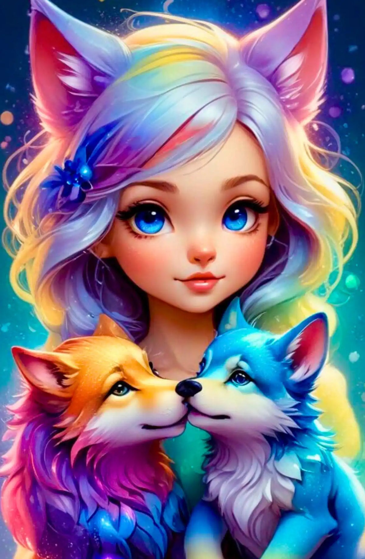 Diamond Painting Set mit buntem Anime-Mädchen und zwei süßen Wolfwelpen im Fantasy-Stil, 30x45cm Motiv