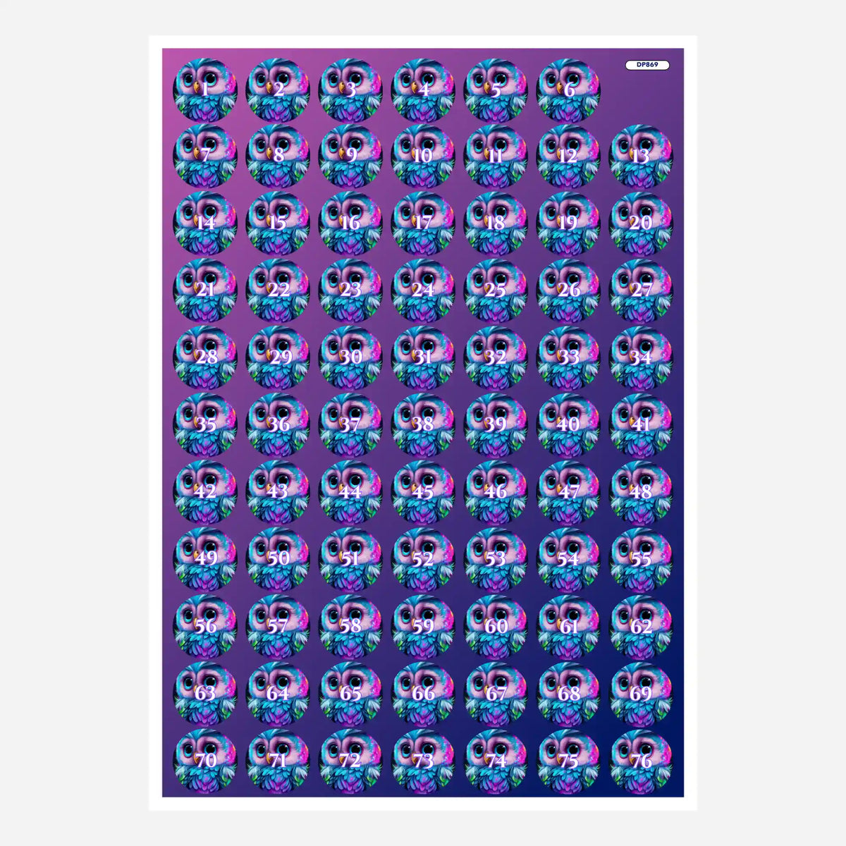 Bunte Eulen-Döschenaufkleber für Diamond Painting zur übersichtlichen Sortierung der Diamanten-Farben mit Zahlen 1-76