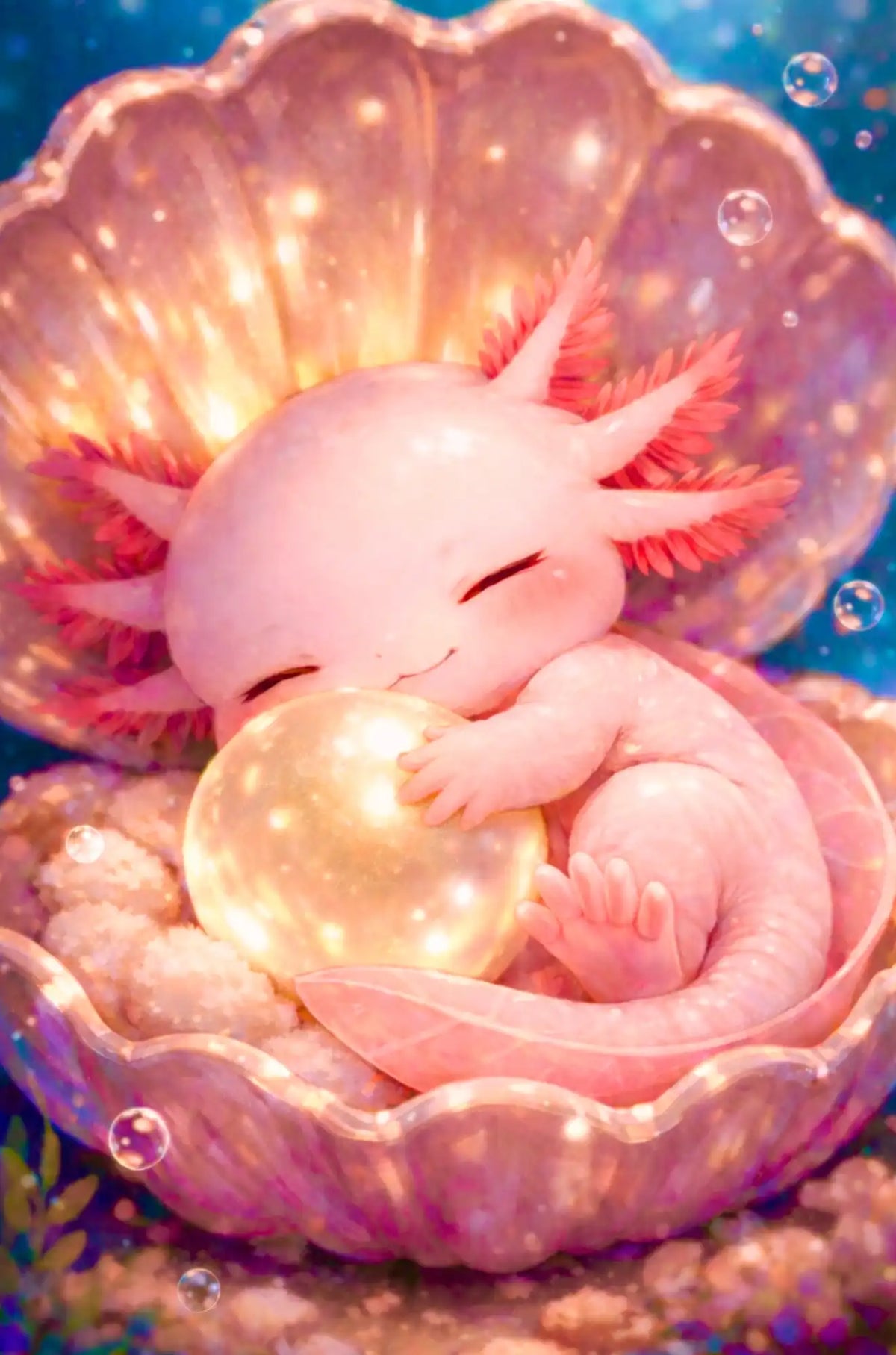 Diamond Painting Set: Niedlicher rosa Axolotl schläft in einer leuchtenden Perlmuschel mit magischer Lichtkugel.