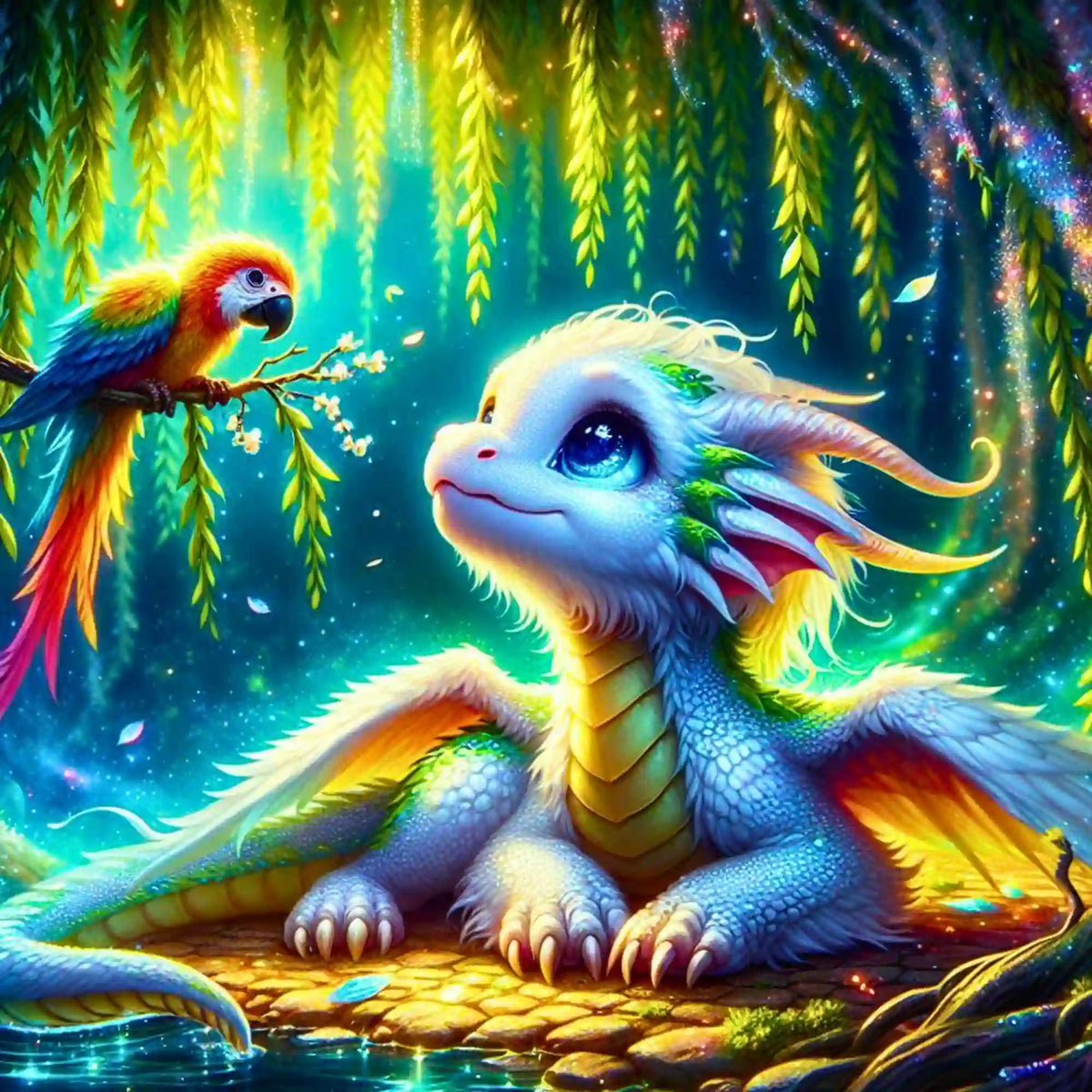 Glitzerndes Diamond Painting Set mit süßem Babydrachen und buntem Papagei in märchenhafter Naturkulisse