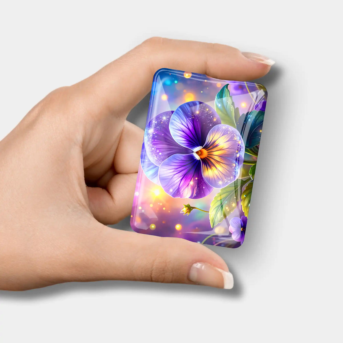 Glas Coverminder mit violettem Sternenveilchen Motiv als praktisches Diamond Painting Zubehör in der Hand gehalten.