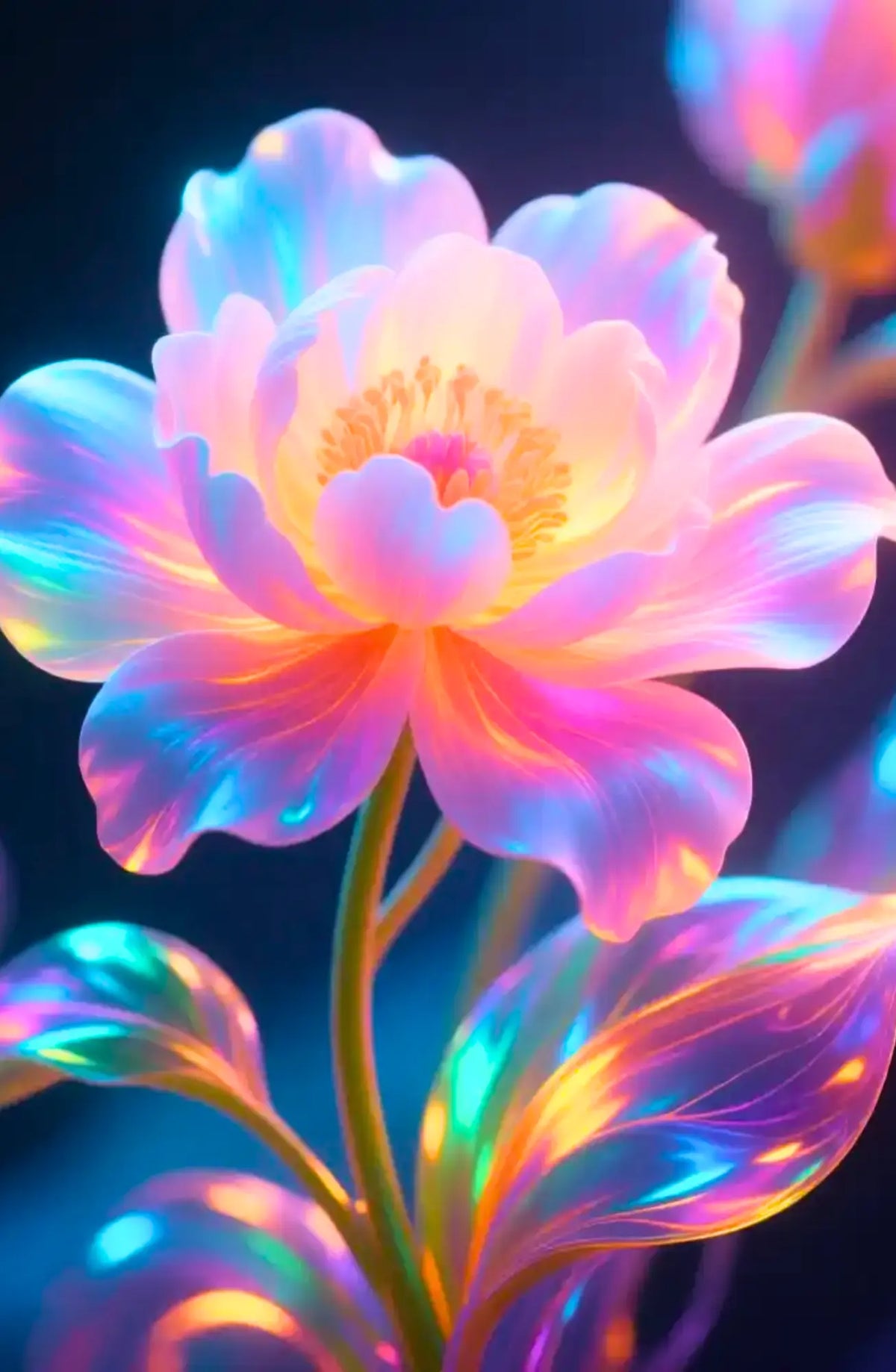 Diamond Painting Set Inneres Leuchten mit einer magisch leuchtenden, bunten Fantasy-Blume in zarten Regenbogenfarben.