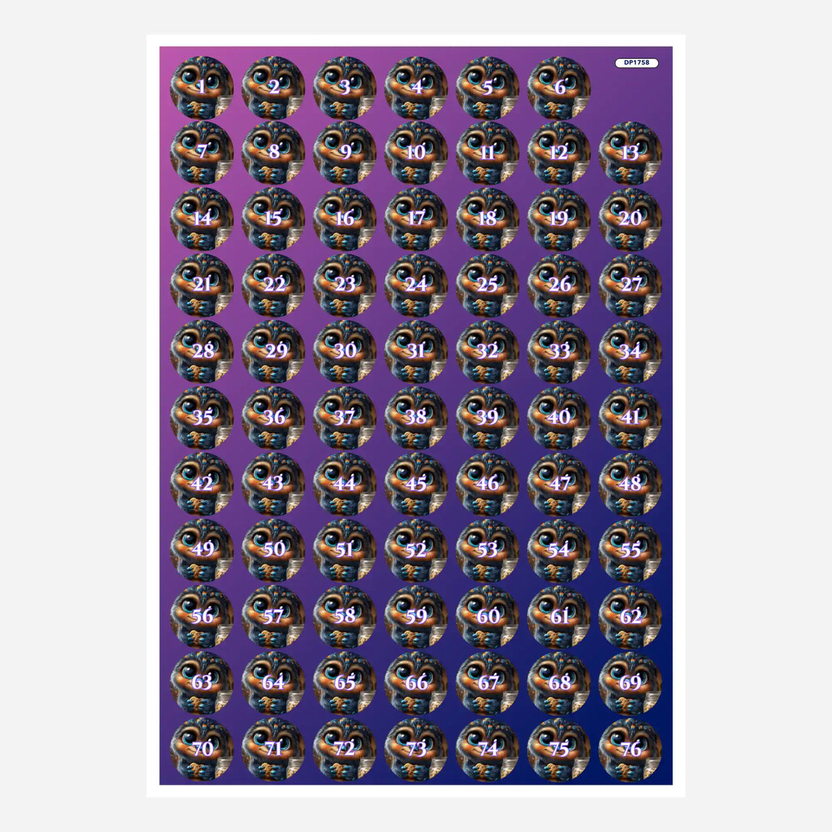 Buntes Aufkleber-Set für Diamond Painting Döschen mit niedlichem Tier-Motiv und fortlaufender Nummerierung von 1 bis 76.