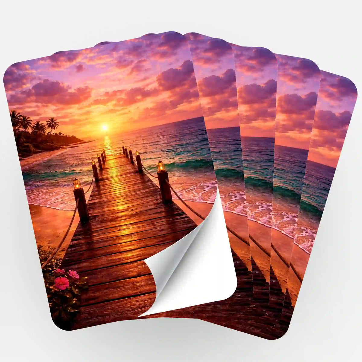 Fächer von 5 Picmondoo Aufklebern mit Sonnenuntergang am Steg Motiv für Diamond Painting und Bastelzubehör