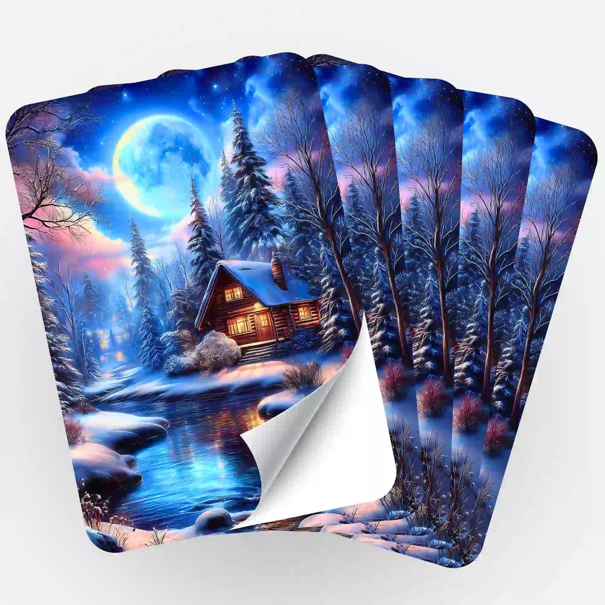 5er-Set Sticker Zuflucht im Silberlicht für Diamond Painting Zubehör mit winterlichem Motiv, Vollmond und Blockhütte