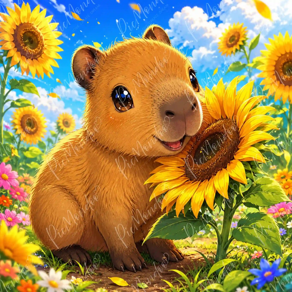 Diamond Painting Set: Lächelndes Capybara-Baby mit Sonnenblume in bunter Blumenwiese unter blauem Himmel