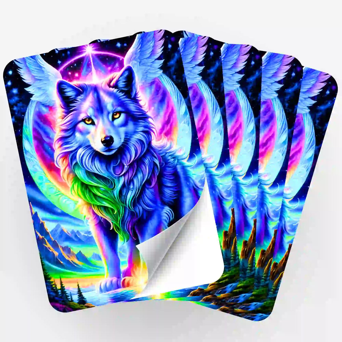 5er-Set Aufkleber mit buntem geflügeltem Wolf als exklusives Motiv für dein Diamond Painting Zubehör