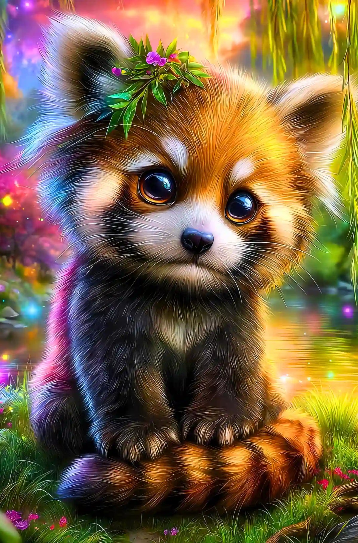 Diamond Painting Set Kind des Waldes mit süßem rotem Panda Baby, Blumenkranz und bunten Waldlichtern im magischen Stil
