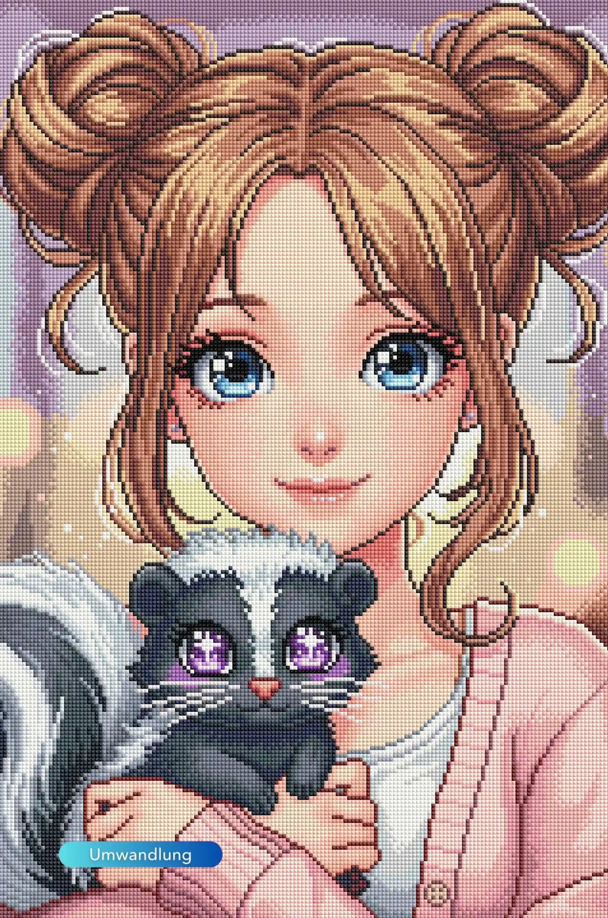 Diamond Painting Set Yuna & Puki: Anime-Mädchen mit blauäugigem Skunk, feine Leinwand-Struktur mit glitzernden Steinen.