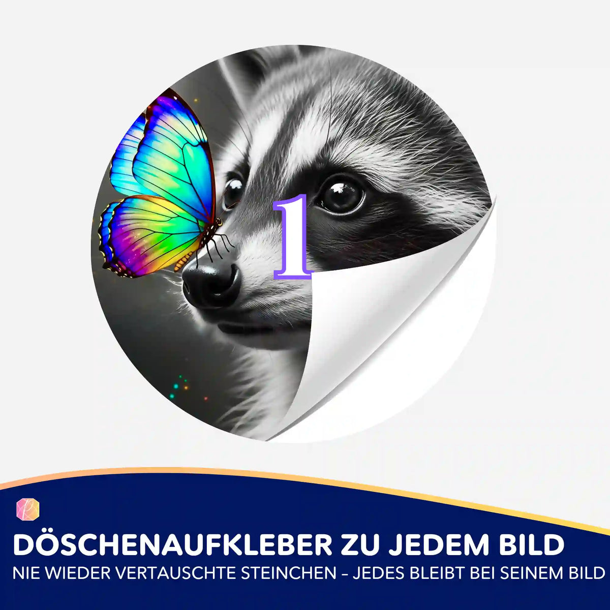 Runder Döschenaufkleber mit Waschbär und buntem Schmetterling für die Organisation von Diamond Painting Zubehör