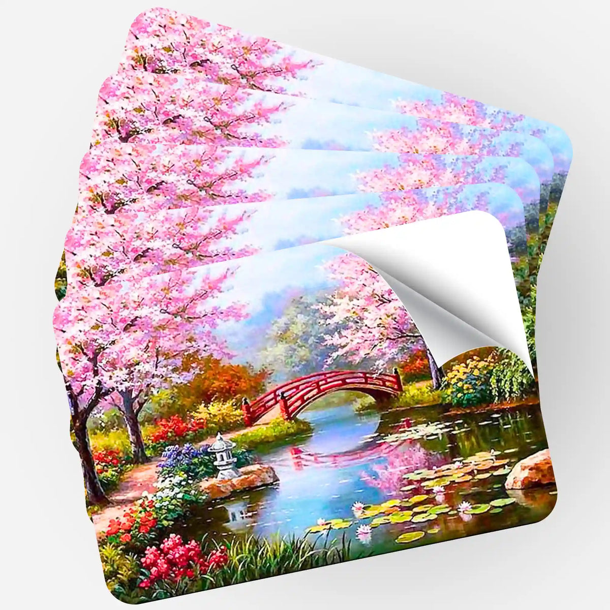 Fünfer-Set Sticker Der chinesische Garten für Diamond Painting Zubehör mit Kirschblüten-Motiv und roter Brücke