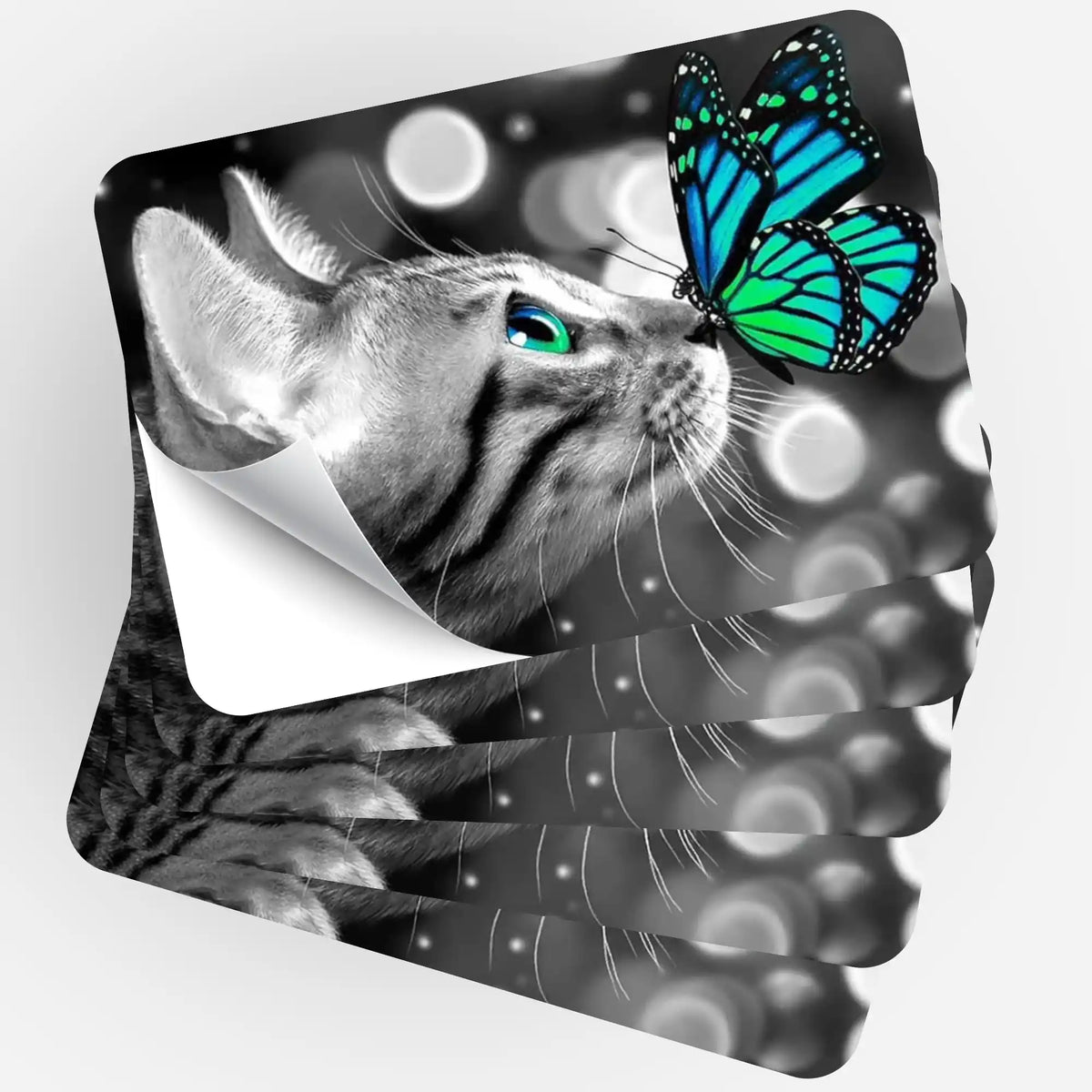 5er-Set Lovely Cat Aufkleber für Diamond Painting Organisation mit Katze und blauem Schmetterling Motiv