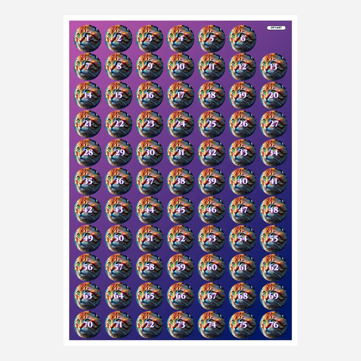Bunte Katzen-Döschenaufkleber mit Zahlen für effiziente Organisation deines Diamond Painting Zubehörs und Sets.