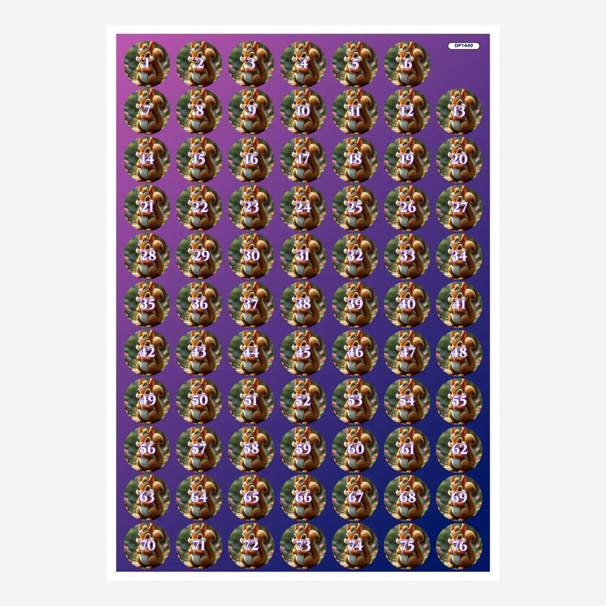 Bogen mit runden Elvis Eichhörnchen Aufklebern zur Organisation von Diamond Painting Steinchen mit Zahlen von 1 bis 76