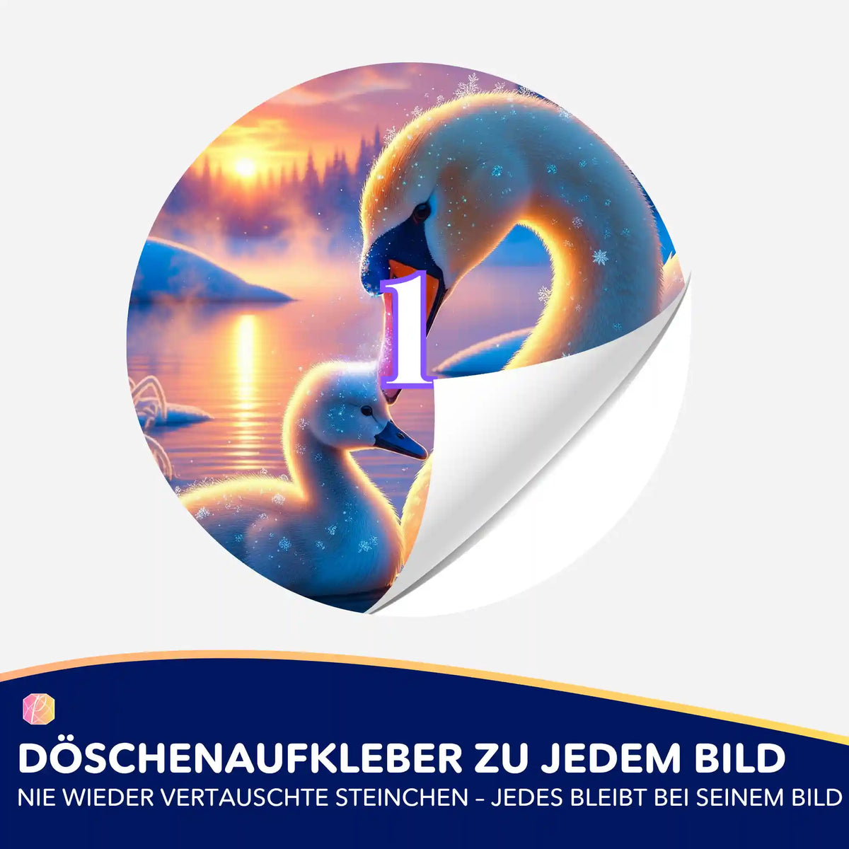 Runder Döschenaufkleber mit Schwan-Motiv für organisierte Diamond Painting Steinchen und leichtes Sortieren.
