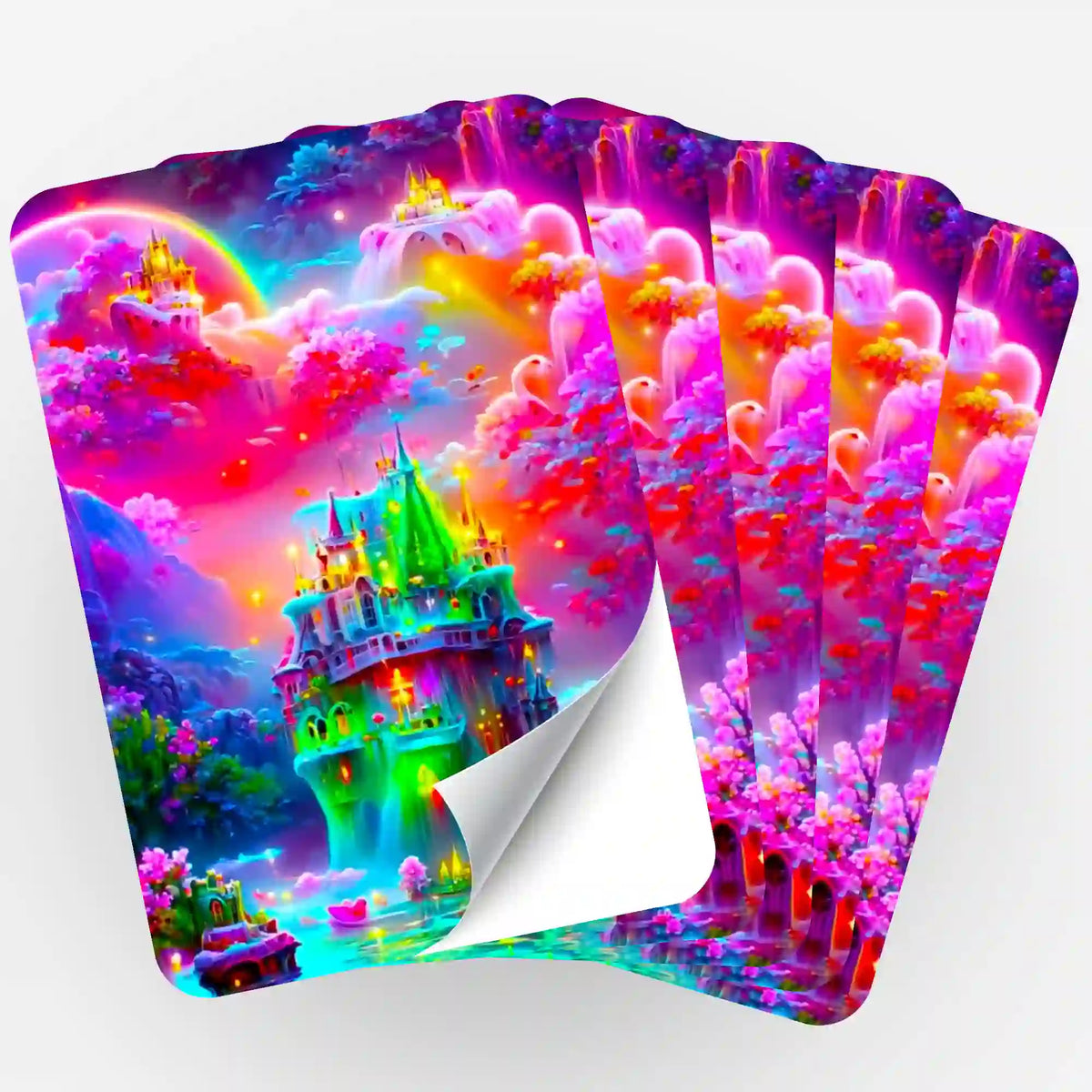 Fünfer-Set bunte Traumland Aufkleber für Diamond Painting Organisation mit magischem Schloss und Regenbogen-Motiv