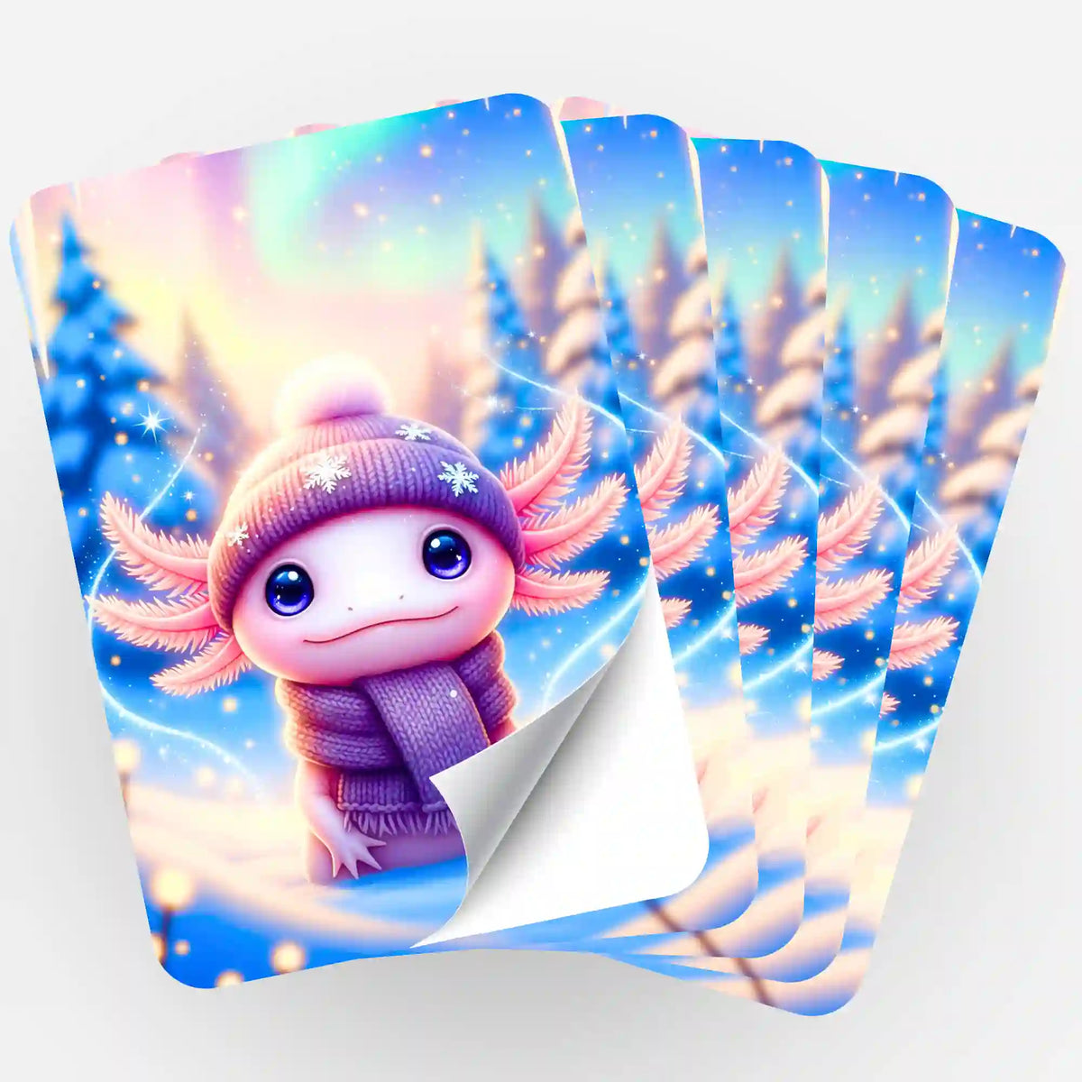 Fünf Picmondoo Aufkleber mit süßem Axolotl im Winter-Motiv als Zubehör für Diamond Painting und Bastelsets