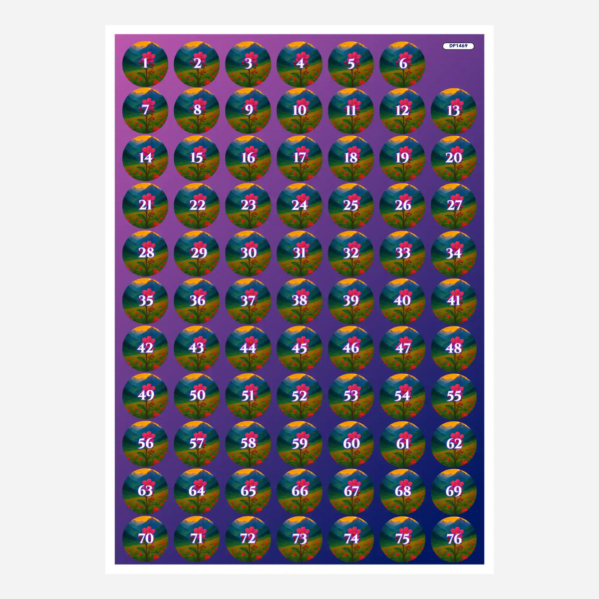 Bogen mit runden Döschenaufklebern für Diamond Painting mit Gebirgsblumen Motiv zur einfachen Sortierung der Steine.