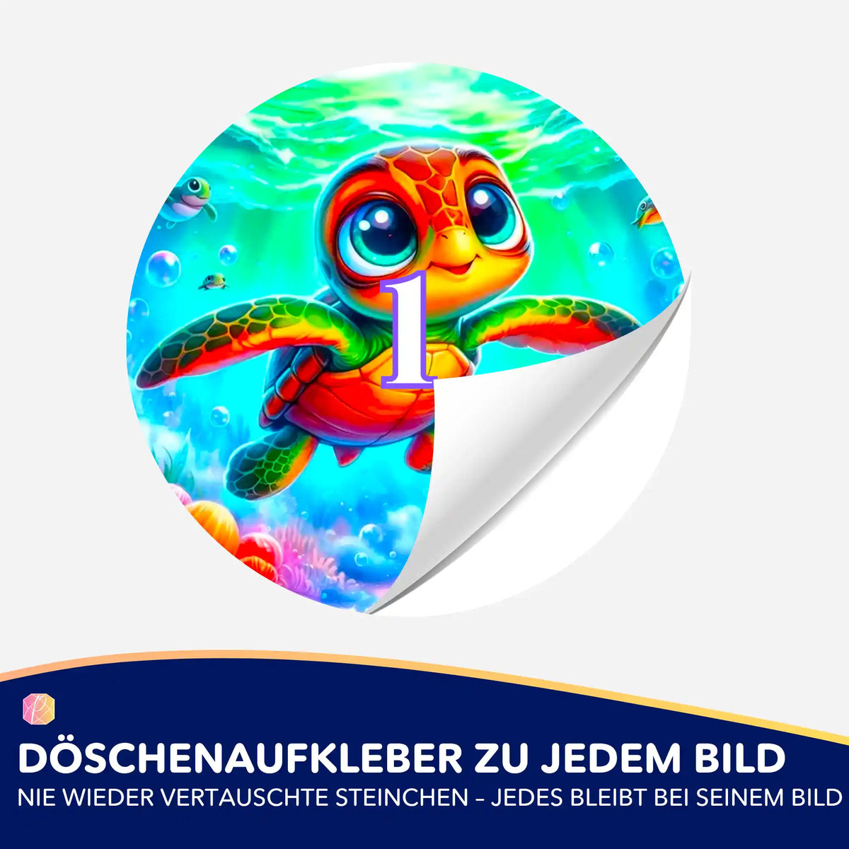 Bunte Döschenaufkleber für Diamond Painting mit Lotta Meeresschildkröte Motiv zur einfachen Organisation der Steinchen.